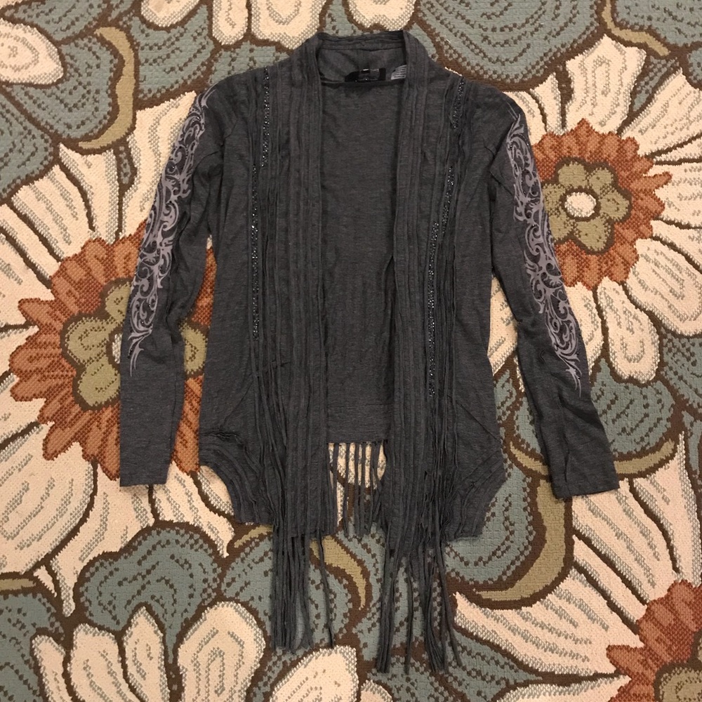 Miss Me Gray Beaded Fringe Cardigan- sz Small